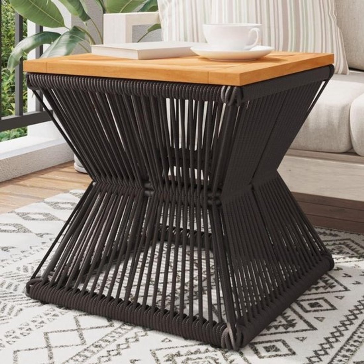 Bijzettafel van metaaldraad - Tuintafel en keukentafel - Voor koffiemomenten - Massief acaciahout - 38 x 38 x 38 cm - Zwart