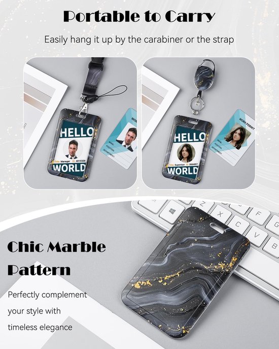 Marmeren Badgehouder met Retractable Reel en Afneembare Lanyard - Zwart en Goud, Verticale Kaartbeschermer voor Werknemers en Evenementen — afbeelding 4