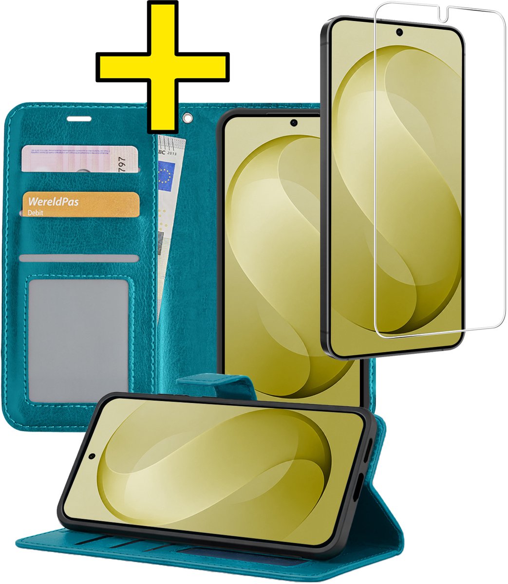 Hoesje - Met Screenprotector - Geschikt voor Samsung Galaxy S26 FE - Luxe Pasjeshouder - Bookcase Portemonee - Flip Case - Kunstleer Book Case - Flipcase - Book Cover - Walletcase - Portemonneehoes - Telefoonhoesjes - Turquoise