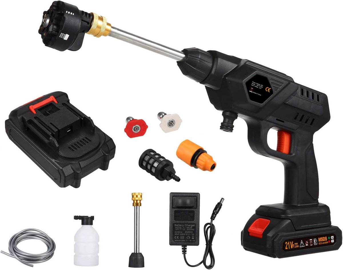 SnelShoppen - Draadloze Hogedrukreiniger op Accu 21V, 60 Bar, 300W, Draagbare Hogedrukspuit voor Tuin, Camping, Auto, Huis, 10 l/min, PA66 Kunststof