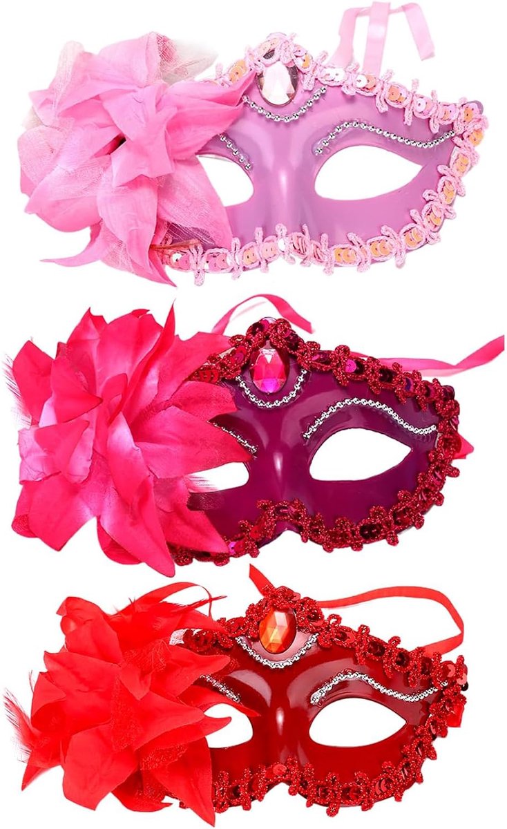 3 stuks Venetiaans half gezichtsmasker rood roze fuchsia met bloemen – matte luxe kanten masker met strass, voor gala - ShopVlot