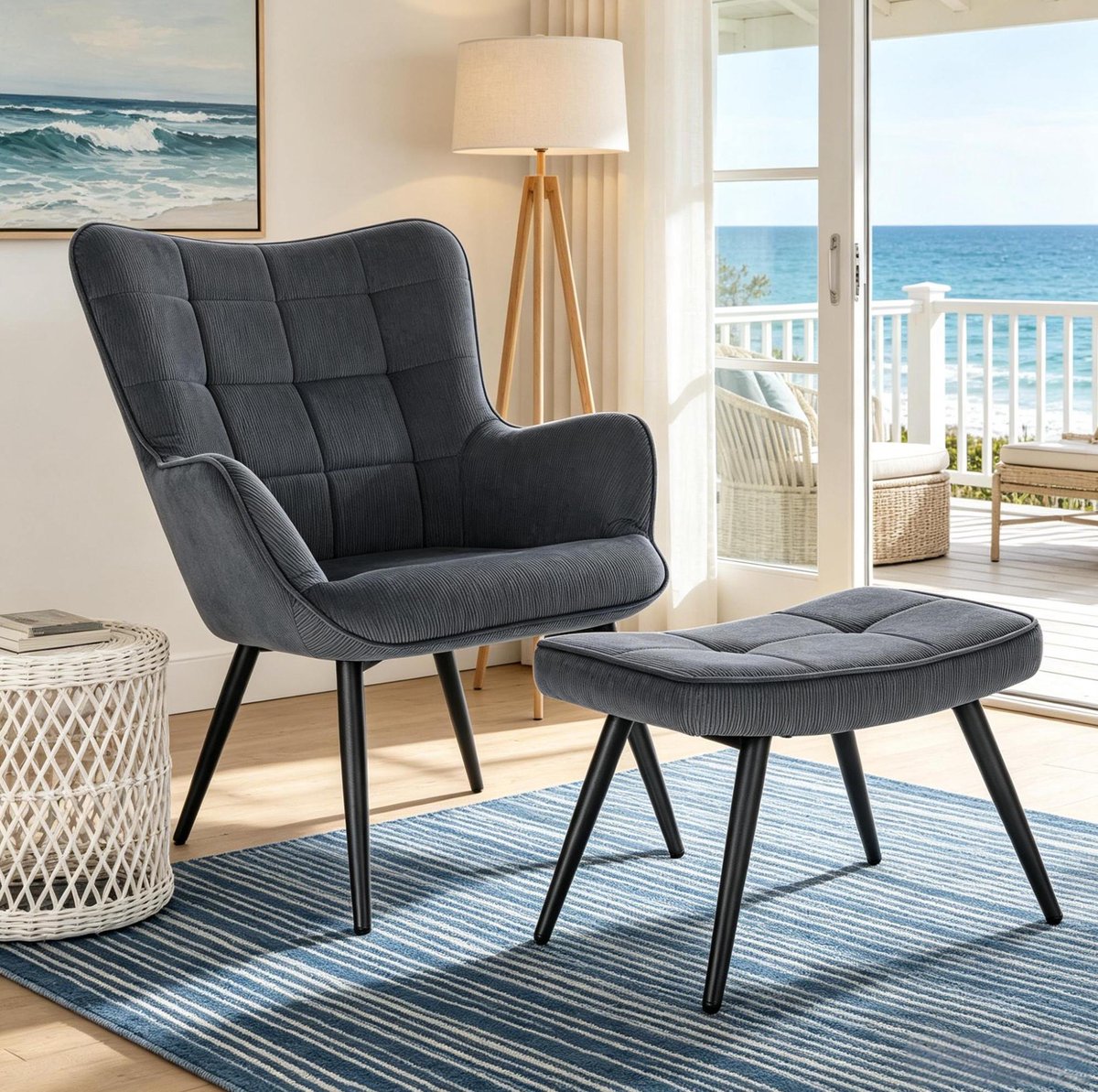 REDOM Fauteuil met hocker - Hoge rugleuning en armleuningen - Dikke schuimvulling - Corduroy stof - Donkergrijs - 50 x 49 x 97 cm