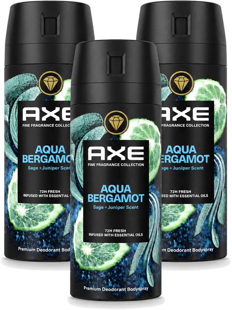 3 x Axe - Deodorant Bodyspray - 72hrs Fresh - Aqua Bergamot - Sage & Juniper - 150 ml - Voordeelverpakking - 3 stuks