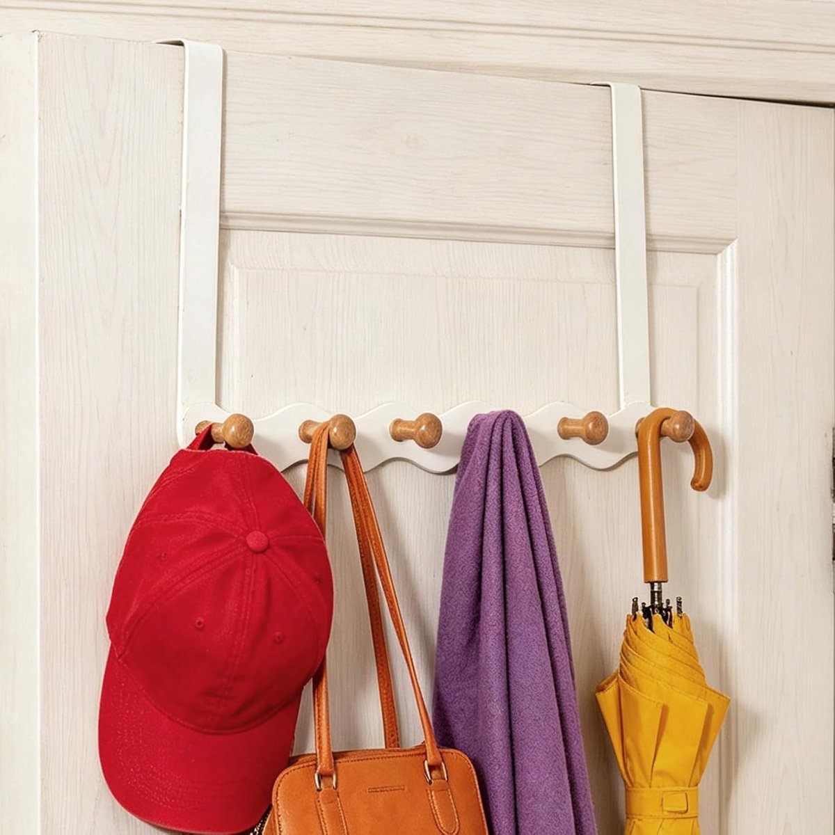 Over de deur haak hanger met 6 houten haken - gladde afwerking - stabiele ophangmogelijkheid - ShopVlot