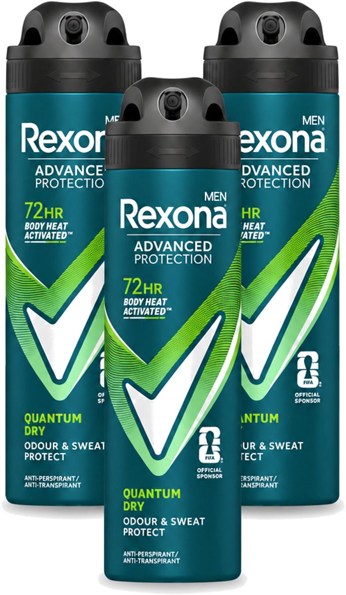 3 x Rexona Men - Quantum Dry - Deodorant Spray - Anti-transpirant - 150 ml - Voordeelverpakking - 3 stuks