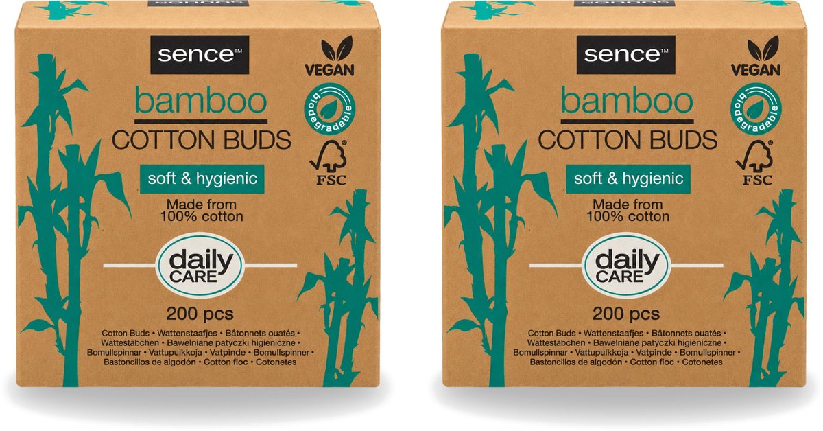 2 x Sence - Bamboe - Wattenstaafjes - Afbreekbaar & Vegan - 200 Wattenstaafjes - Voordeelverpakking - 2 stuks