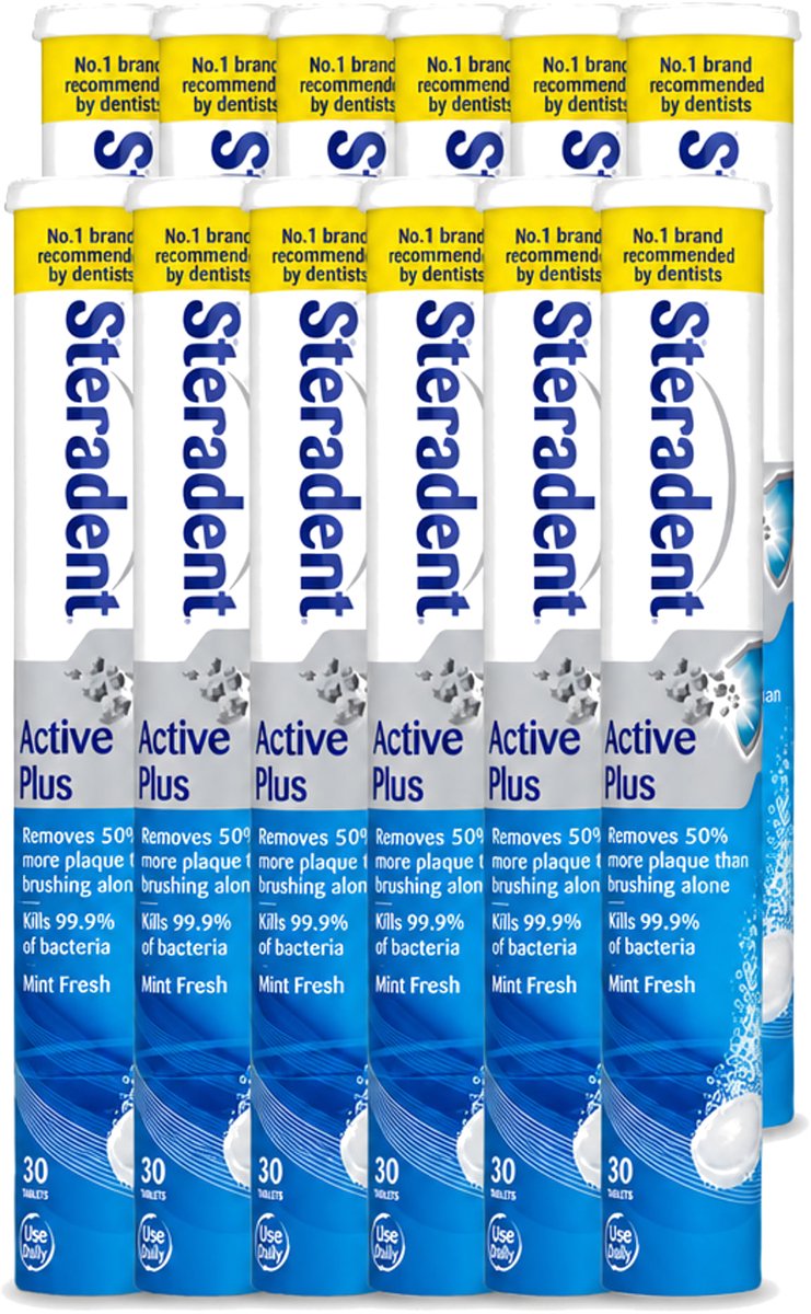 12 x Steradent - Reinigingstabletten - Active Plus - Tegen Tandsteen & Bacteriën - 30 Tabletten - Voordeelverpakking - 12 stuks