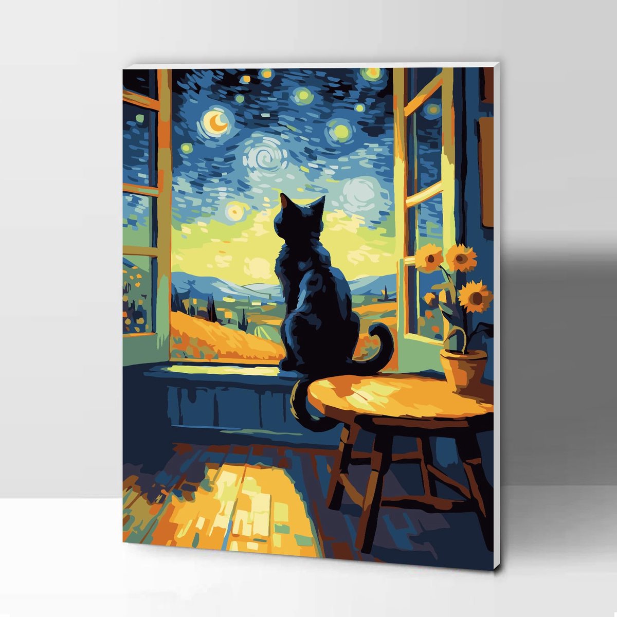 SnelShoppen - Verf op Nummer Kit voor Volwassenen en Kinderen - Paint by Numbers Kit met Acrylpigment, Borstels en Houten Frame - Zwarte Kat 30 x 40 c