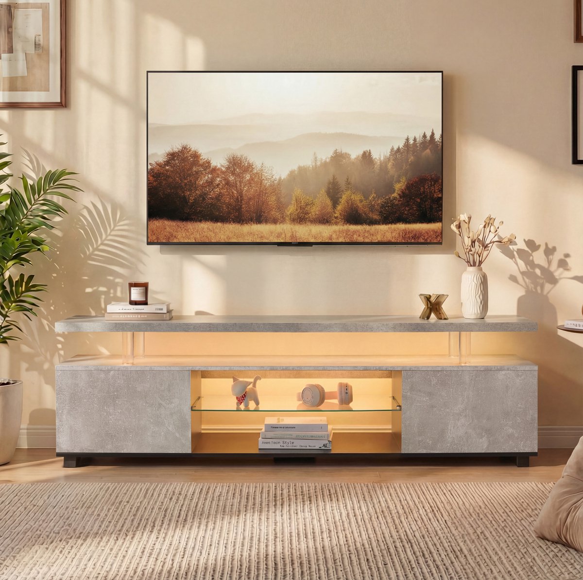 WUVRIE TV-meubel voor 60 inch televisie - LED-verlichting en 3 opbergruimtes - Grijs/zwart Grijs en zwart