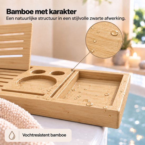 Detail van een houten badplank met waterdruppels en natuurlijke houtstructuur.