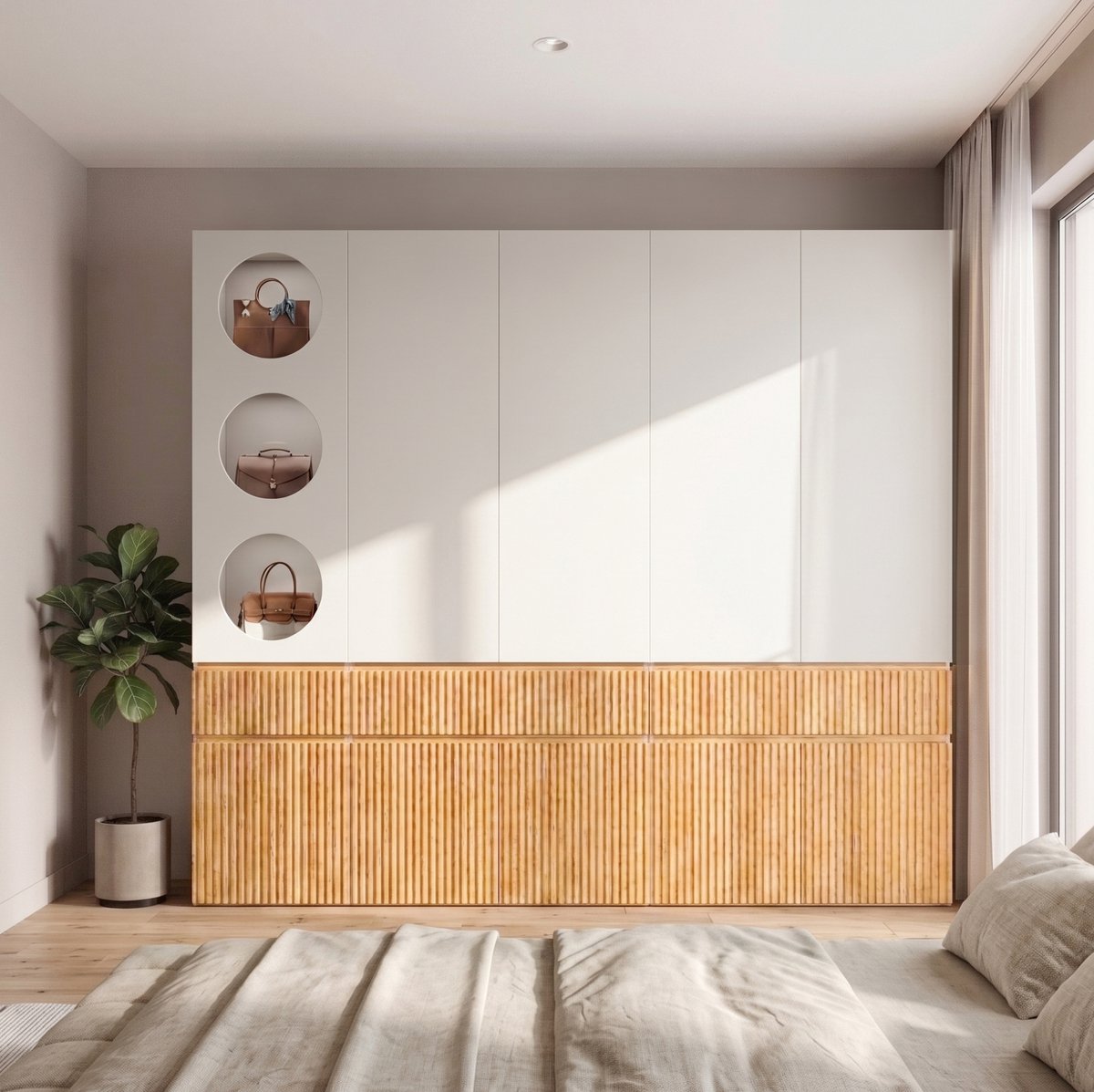 OKWISH Kledingkast - 10 Draaideuren - 2 Kledingroedes En 3 Laden - Slaapkamer, Hal Of Kantoor - MDF En Spaanplaat Licht Eiken Grijs - 225 x 50 x 200 cm