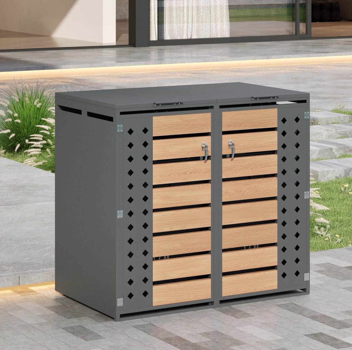 WUVRIE - Containerberging 132x80x118,5 cm - 2 vakken, hydraulisch klapdeksel en sloten - Grijs/houtlook