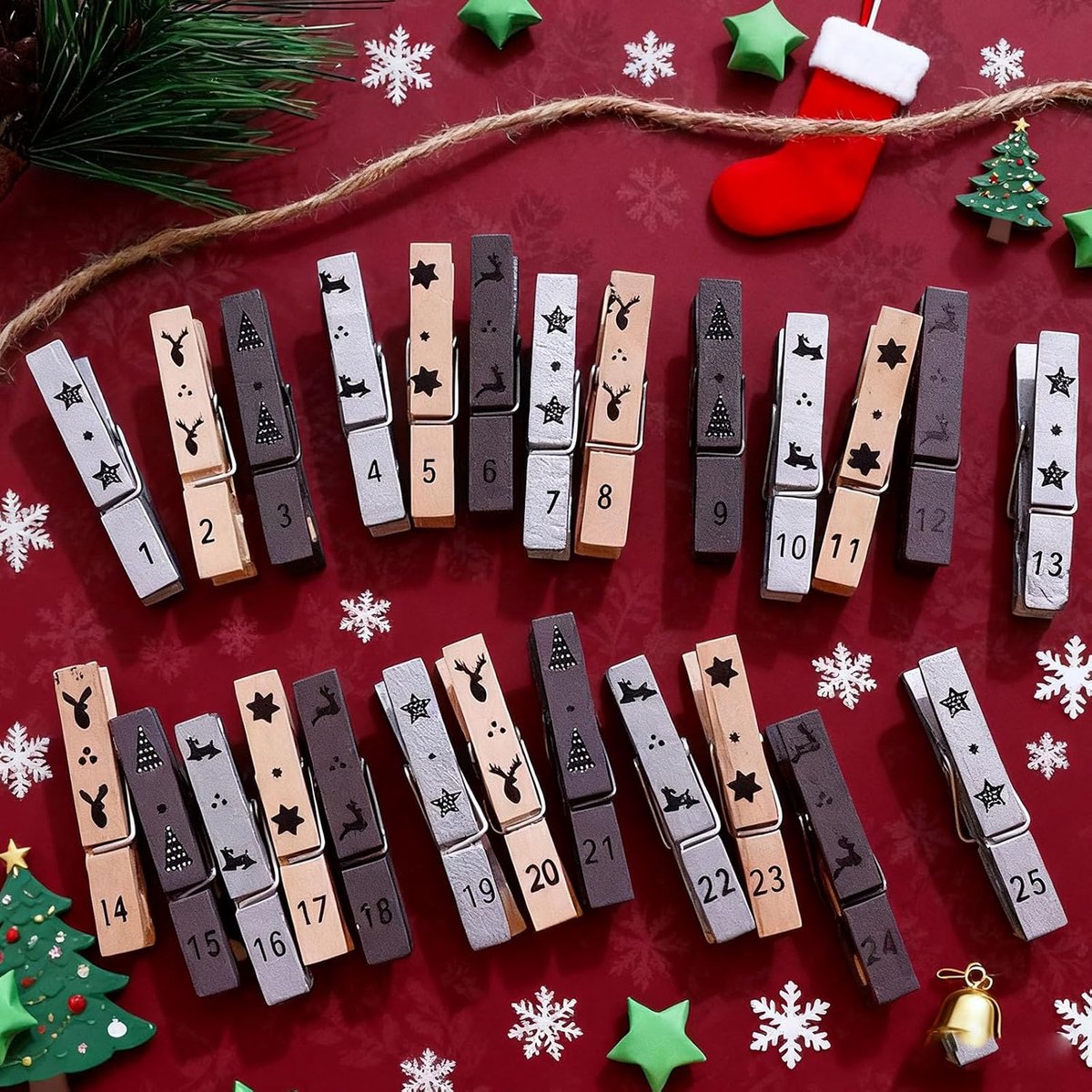 YIEUR Pack of 50 Christmas Clips, 2 Sets Advent Calendar, Numbers Wooden Clips, 1-25 Christmas Mini Clips for Photos - ShopVlot