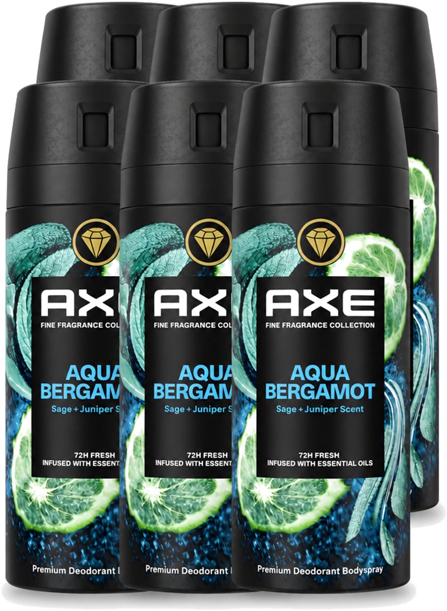 6 x Axe - Deodorant Bodyspray - 72hrs Fresh - Aqua Bergamot - Sage & Juniper - 150 ml - Voordeelverpakking - 6 stuks