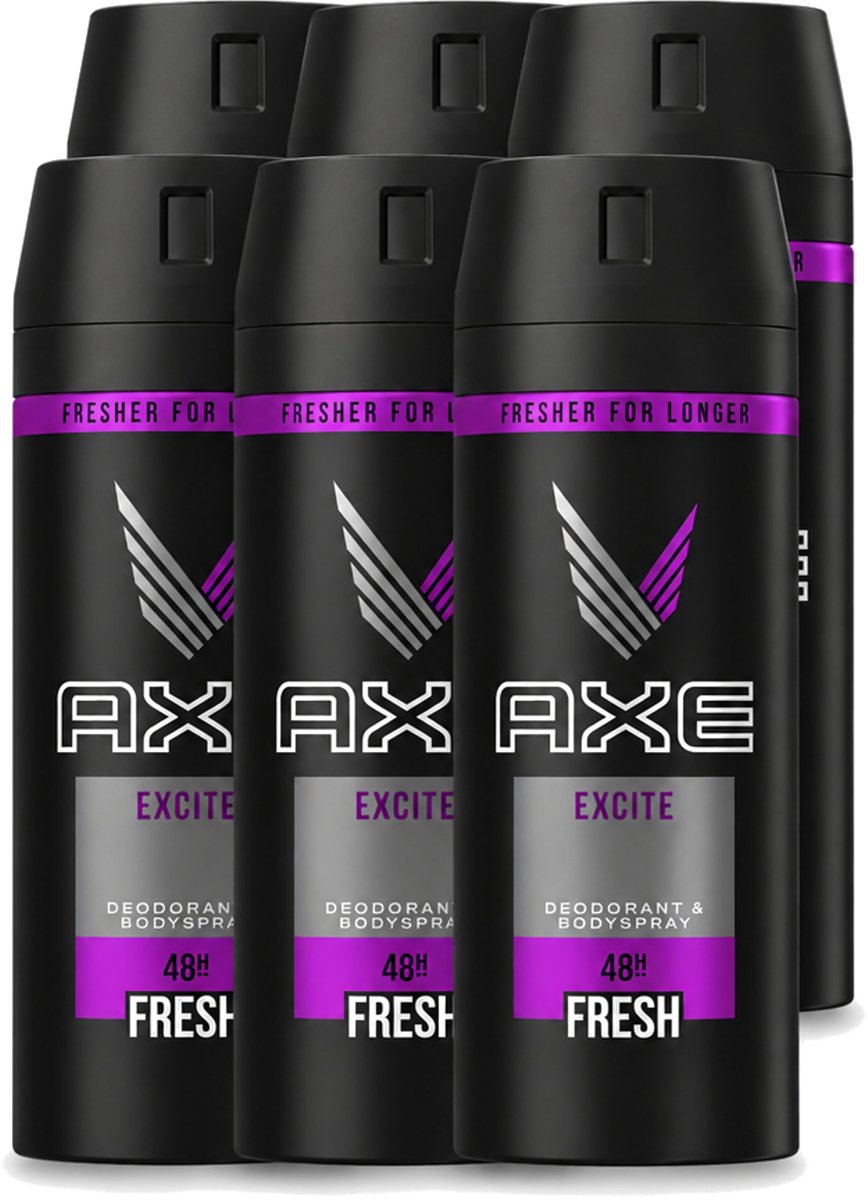 6 x Axe - Deodorant Bodyspray - 48hrs Fresh - Excite - 150 ml - Voordeelverpakking - 6 stuks