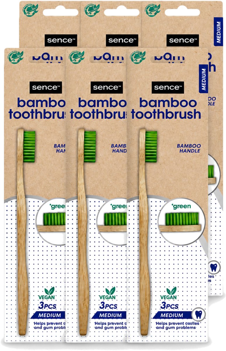 6 x Sence - Bamboo - Tandenborstels - Medium - Set van 3 - Groen - Voordeelverpakking - 6 stuks