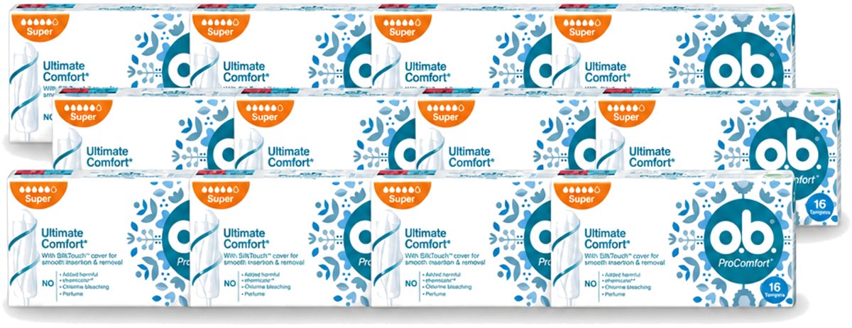 12 x o.b. Tampons - ProComfort Super - Voor Comfort en Zachte Bescherming - 16 Tampons - Voordeelverpakking - 12 stuks