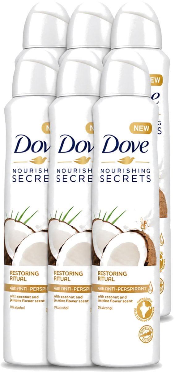 6 x Dove - Deodorant - Coconut & Jasmine Flower - Tropisch en verzorgend - 250 ml - Voordeelverpakking - 6 stuks