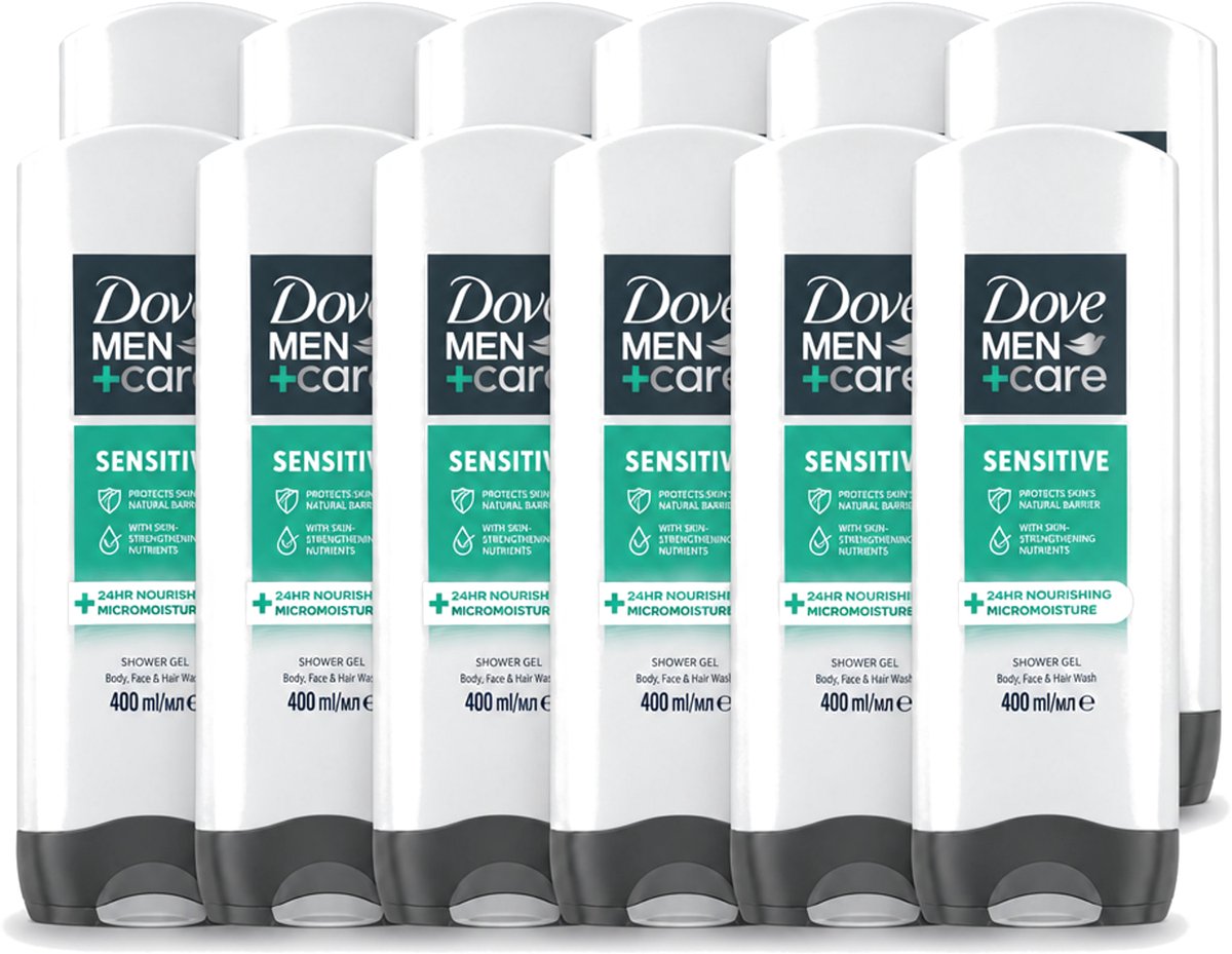 12 x Dove - Shower Gel - 3-in-1 - Men Care Sensitive - Verfrissend en zacht - 400 ml - Voordeelverpakking - 12 stuks