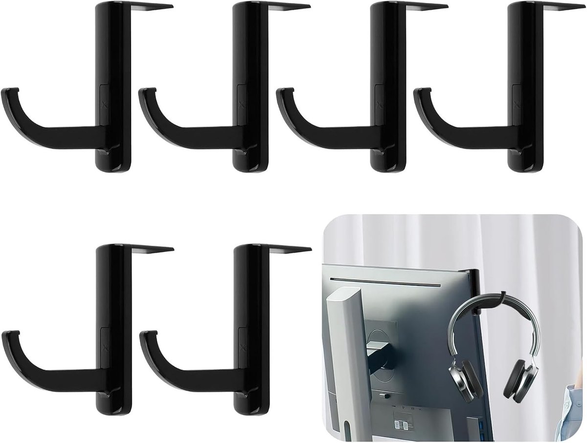 Hoofdtelefoonhouder voor Monitor, Set van 6, Eenvoudig te Monteren, Perfect voor Organisatie op Werkplek of Kantoor, Zwart, Ruimtebesparend en Stijlvol