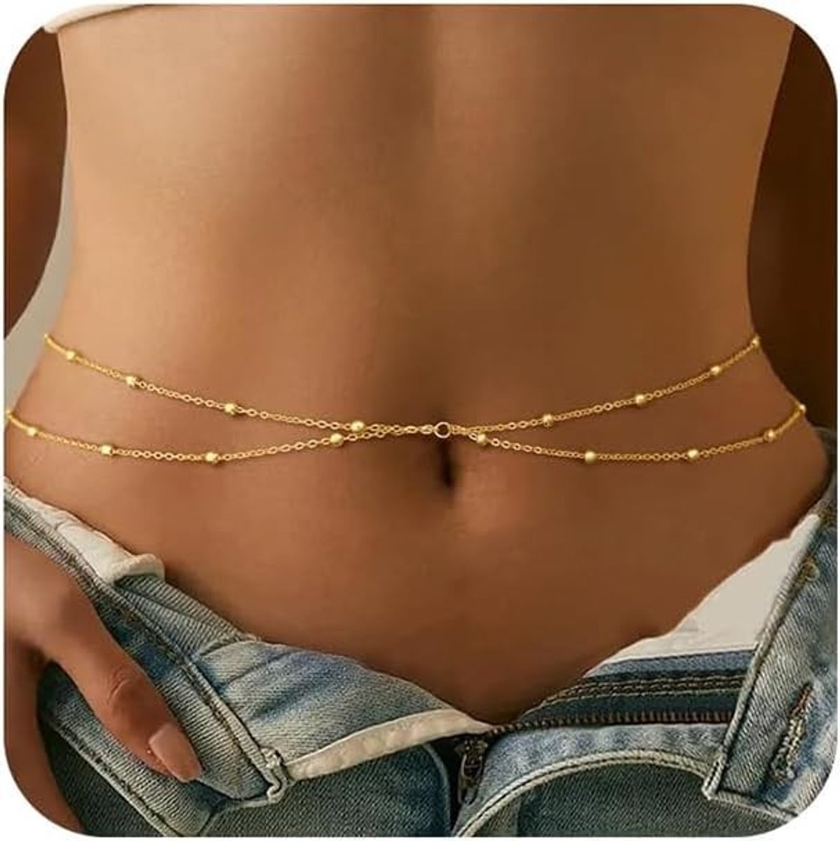 Elegante Gouden Buikketting voor Dames, 2 Laags Lichaamsketting, Verstelbare en Waterdichte Sieraden voor de Taille en Buik