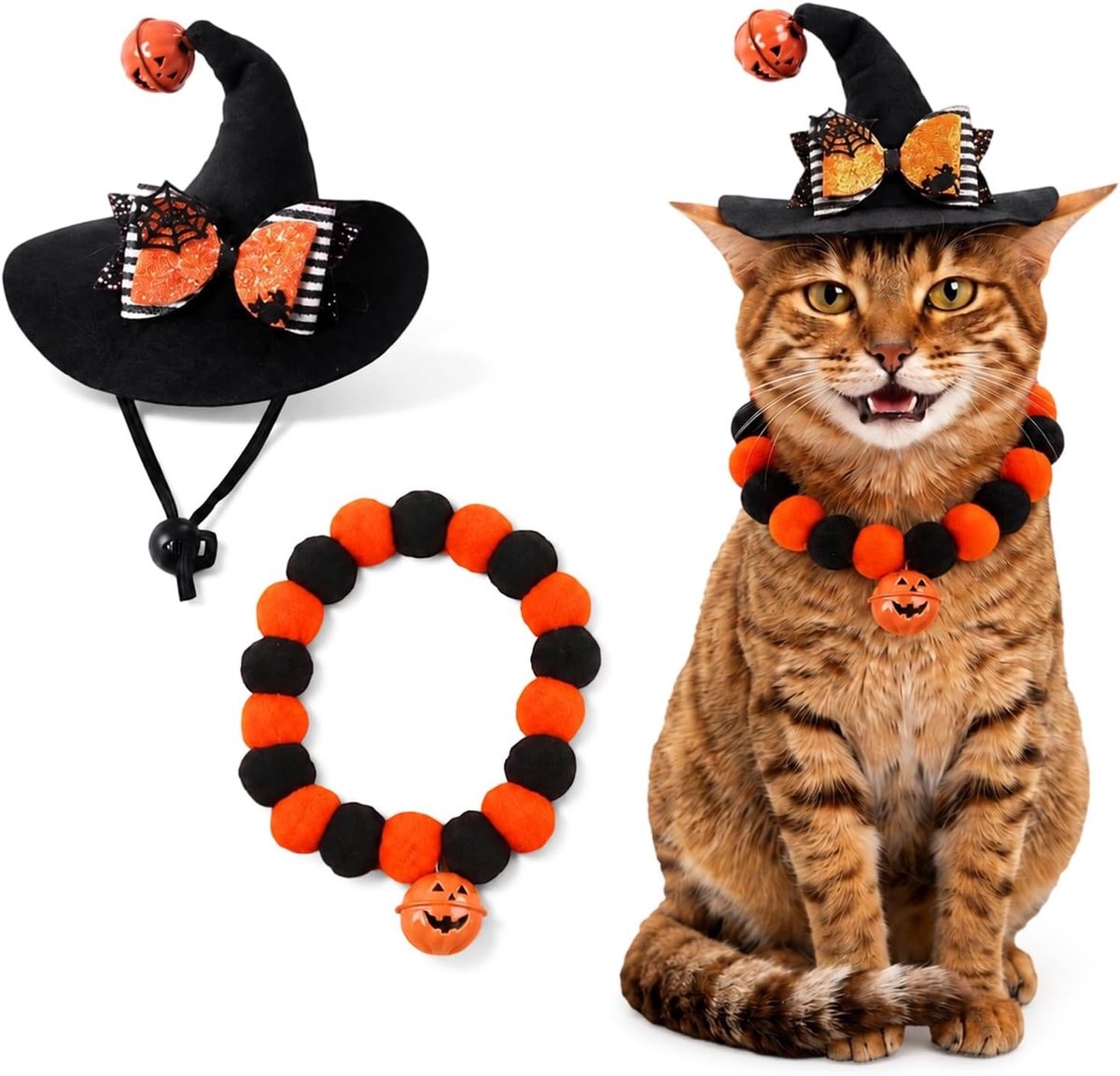 Decoratieset met heksenhoed en pompoenketting, kostuumaccessoires, licht, voor kinderen en volwassenen