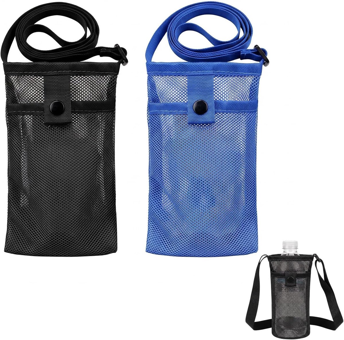 2 stuks flessenhouder met verstelbare schouderriem, drinktas voor wandelen, kamperen en festivals, lichte waterflessenhoes voor reizen en sport, zwart en blauw