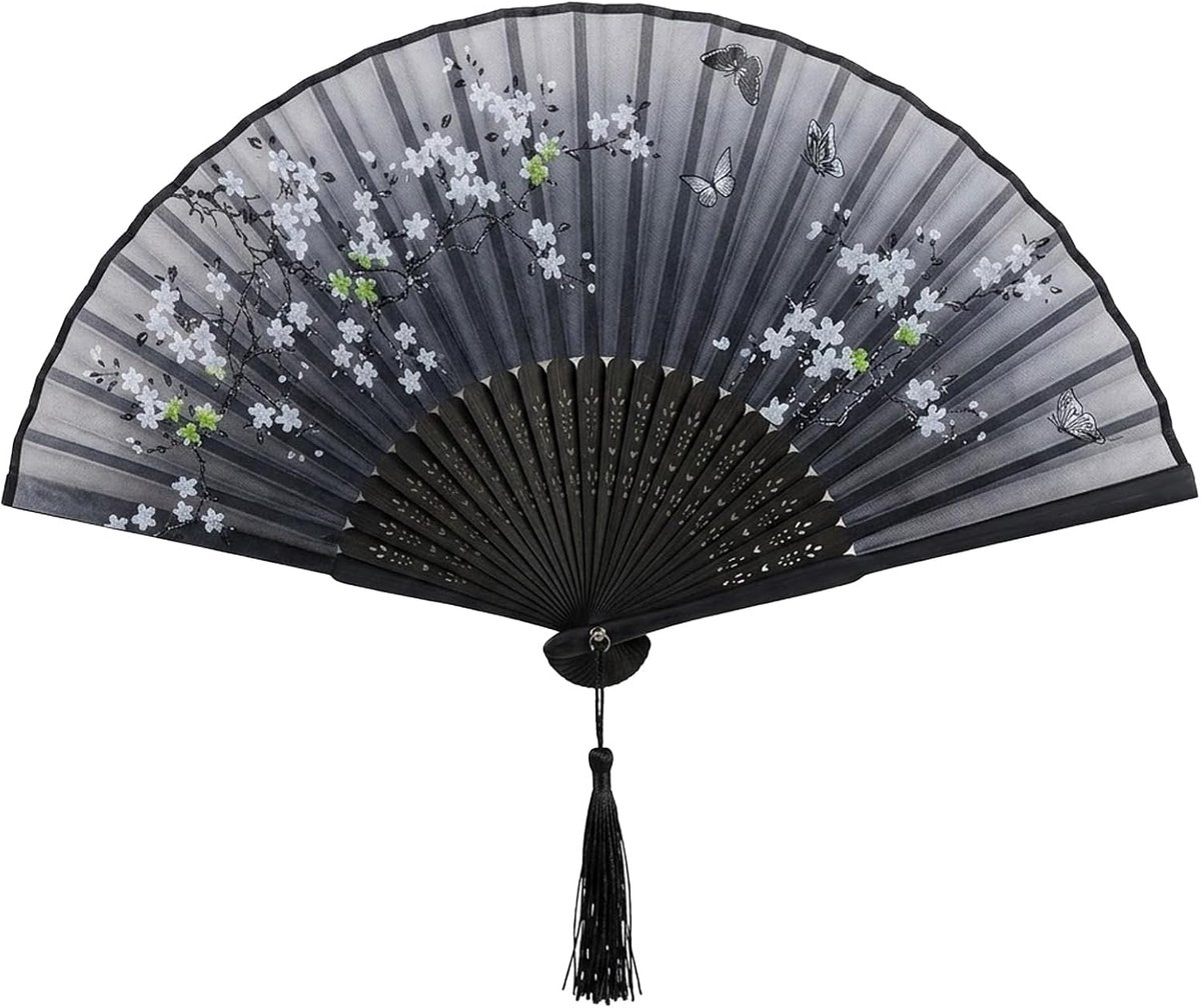 1 x handwaaier, opvouwbaar, Chinese waaier, vintage, opvouwbaar, elegant, opvouwbaar, voor huwelijksgeschenken, zomergeschenken, wanddecoratie, zwart 5