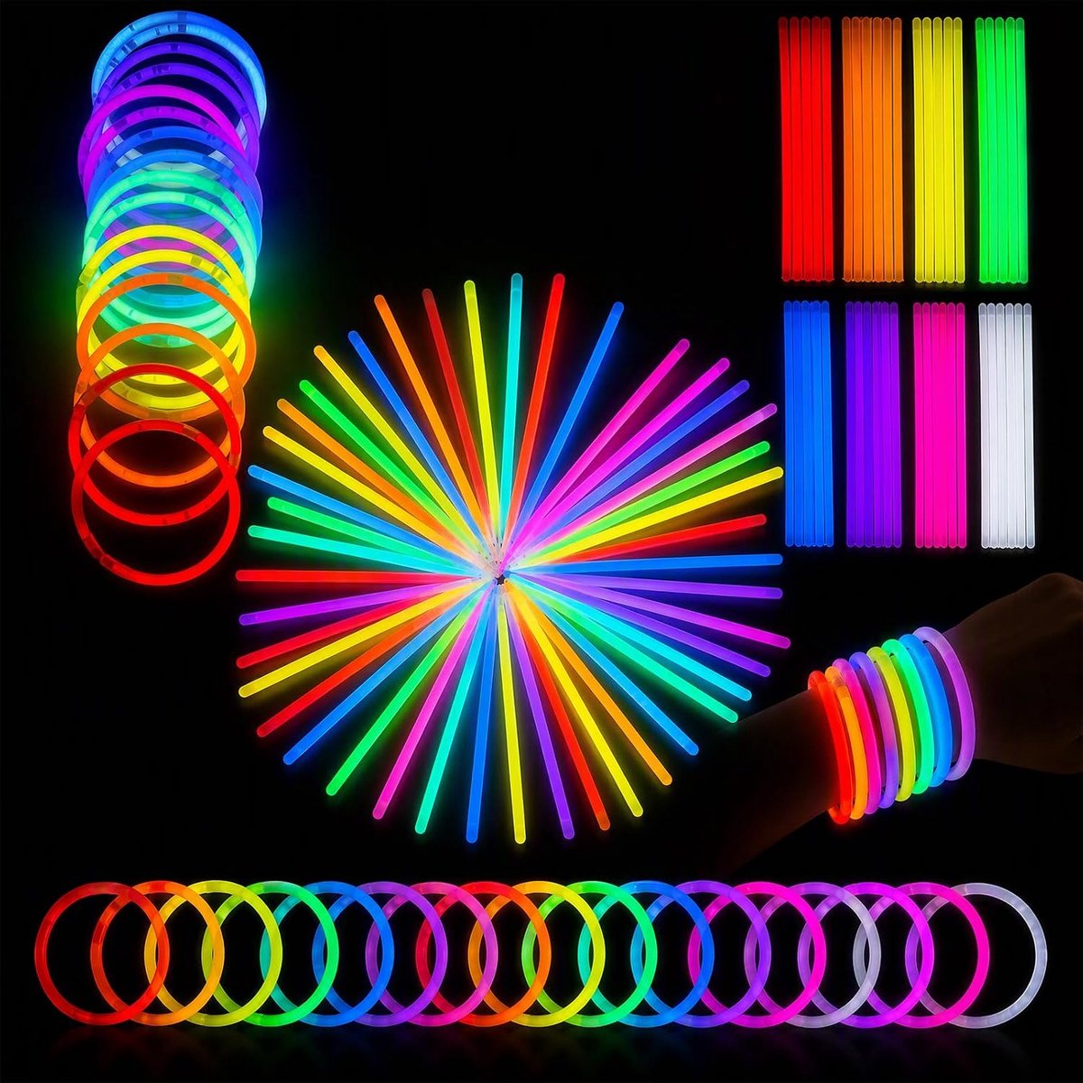 100 lichtgevende armbanden met 100 aansluitingen, 8 kleuren