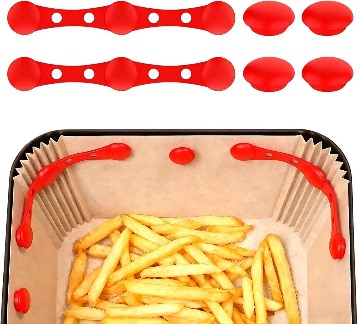 6-delige set siliconen magneten en klemmen voor bakpapier in de airfryer, heteluchtfriteusemagneten voor het vastzetten van papieren inzetstukken, hittebestendige airfryer accessoires, rood