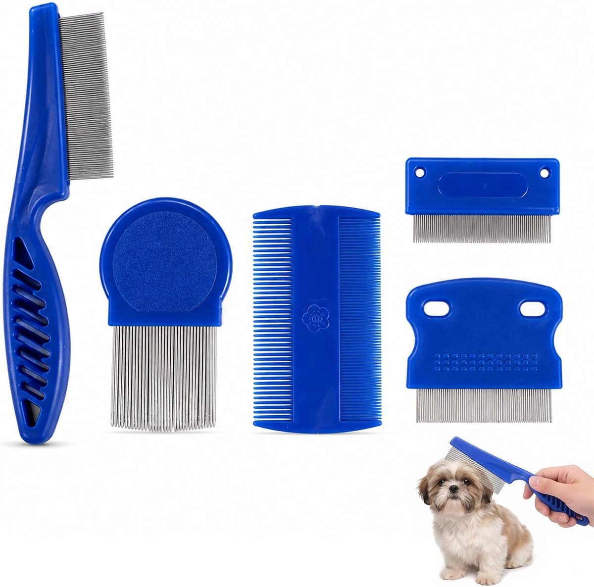 Set van 5 - vlooienkam voor honden, katten en mensen - roestvrij staal met fijne tanden voor het verwijderen van luizen, neten, vlooien en melkschors, blauw