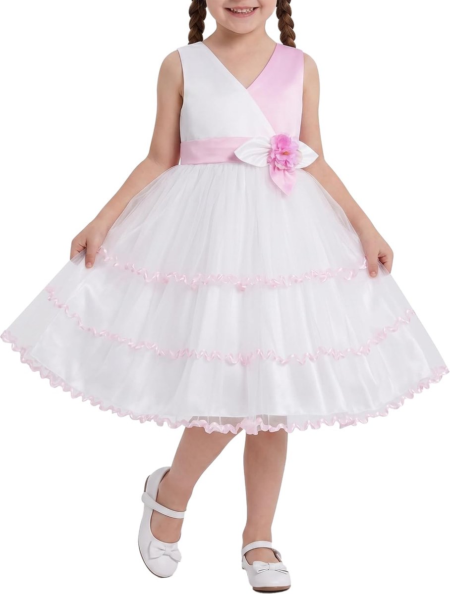 Roze Wit Contrast Mouwloos Ruches Tulle Zomer Bruiloft Feestjurk