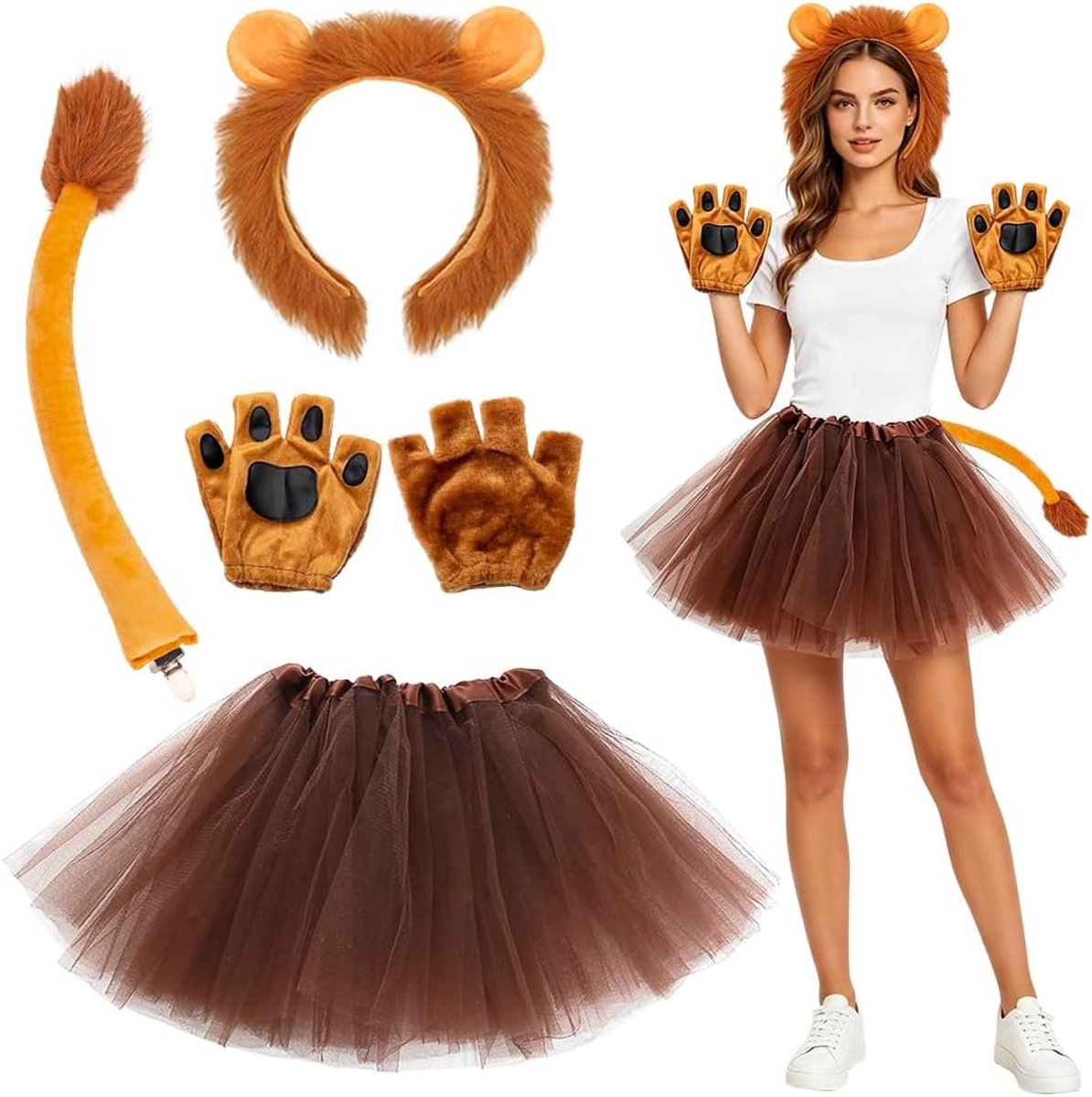 Kattenkostuumaccessoires, rokken, harige kattenoren, pluche handschoenen voor kattenpoten, staart, voor Halloween Carnaval Cosplayfeesten - 4 stuks