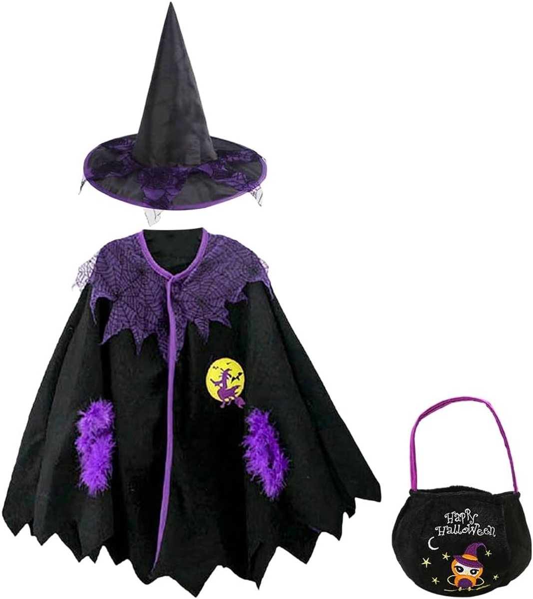 Heksenkostuum voor Kinderen, Halloween Cape heksenkostuumaccessoires met Heksenhoed, Handtas en Cape Heksenkostuumaccessoires Halloweens Verkleedkleding voor Halloween Carnaval Cosplay(130cm)