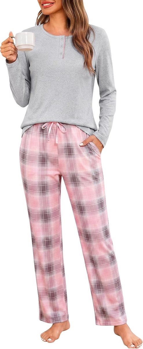 Henley-hals, geruite pyjamaset, nachtkleding met