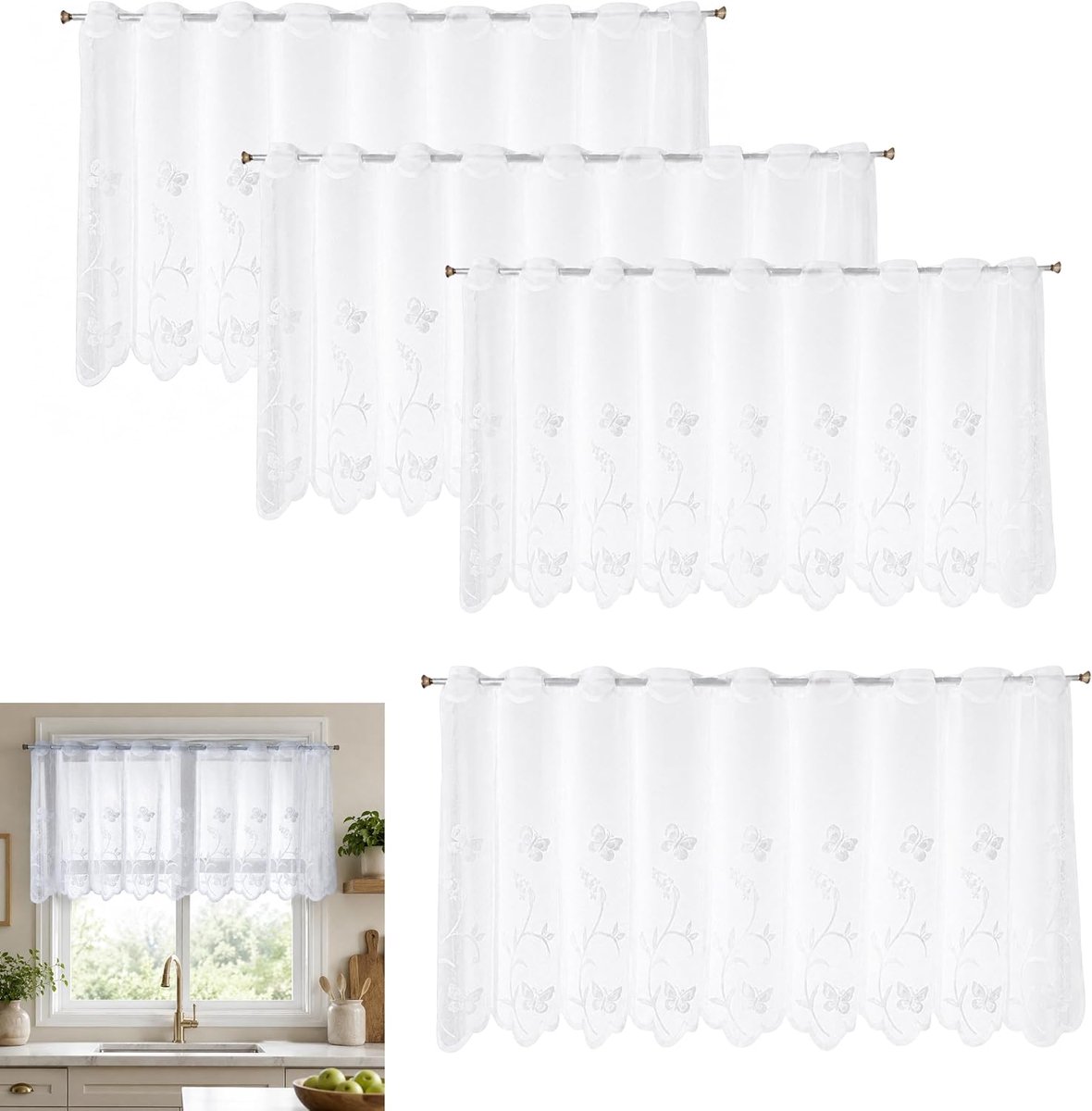 Set van 4 vitrages modern, kort gordijn 130 x 45 cm