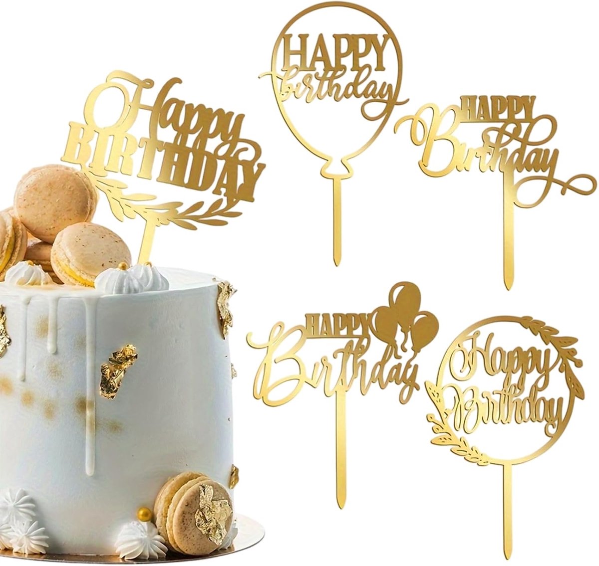 5 Stuks Gouden Happy Birthday Taartdecoratie – Acryl Cake met Ballon & Laurier, Ideaal voor Verjaardag & Snoepbuffet