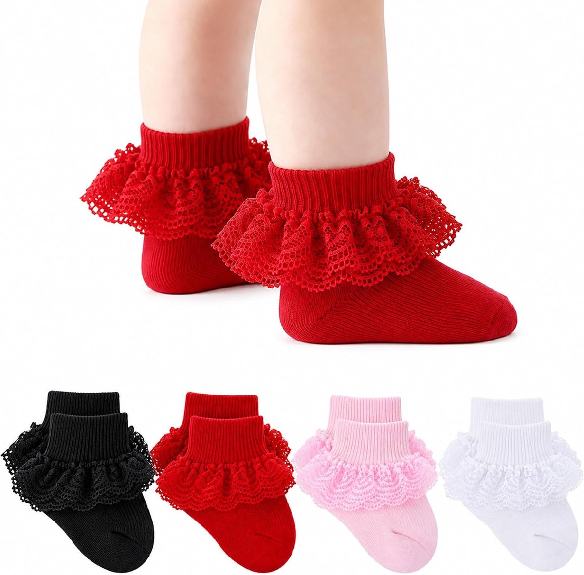 4 paar babysokken met ruches, kanten sokken voor babymeisjes