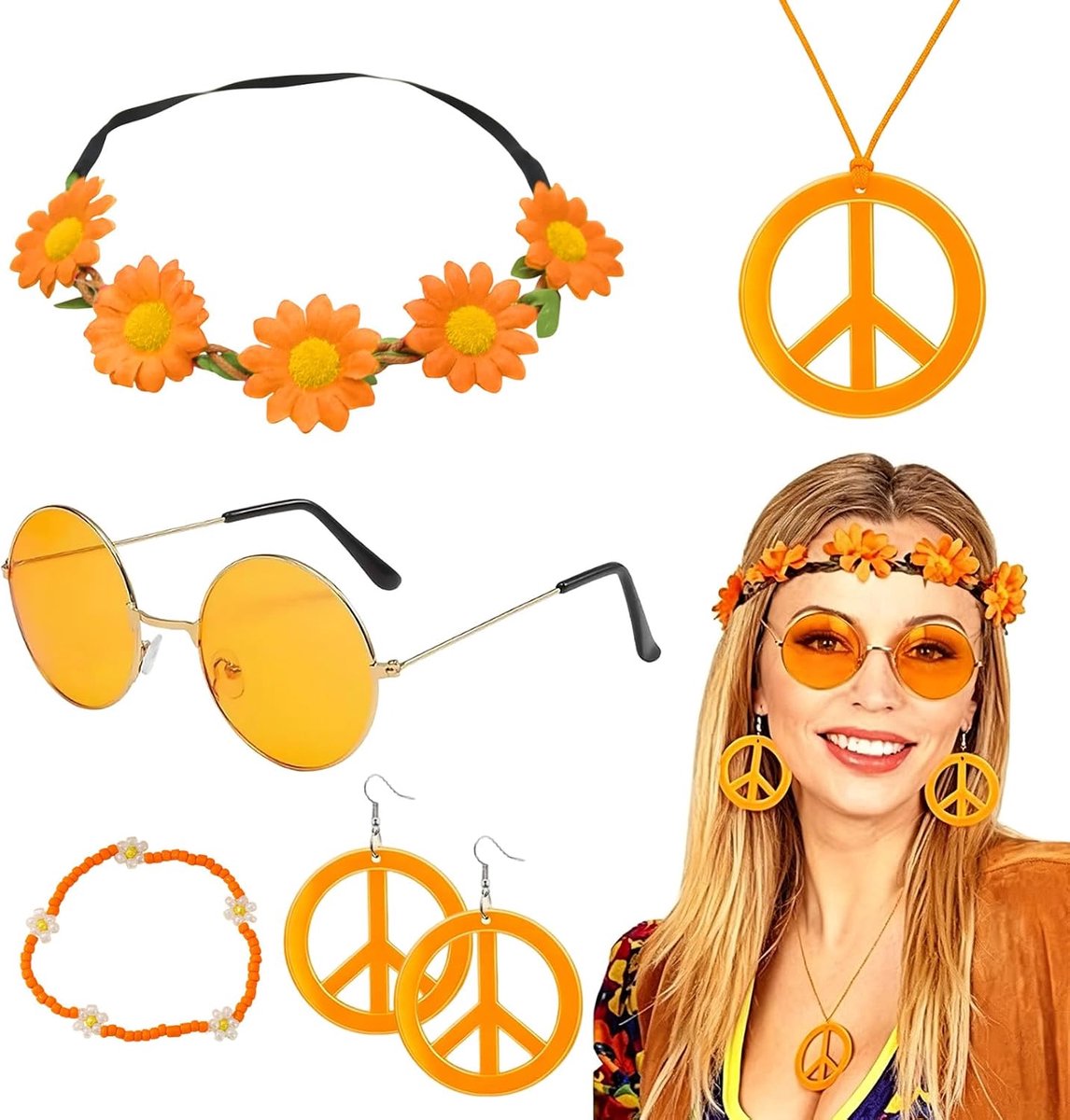 Set van 5 hippie-accessoires voor dames, retro kostuum, oranje, met bril, halsketting, vredesteken, oorbellen, hoofdband en armband, voor feestjes van de jaren 70, 80, carnaval