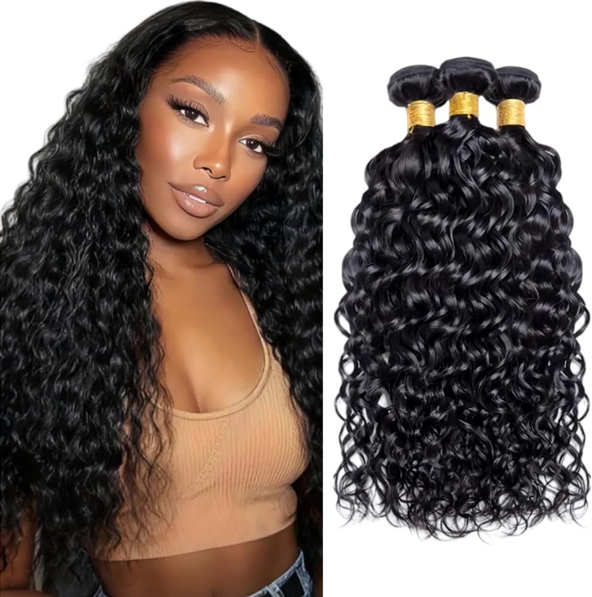 28 30 32 Inch Water Wave Bundles Human Hair #1B Natural Black Haarverlenging Unprocessed Double Weft Weave Brazilian Remy Virgin Human Hair Extension 100g/bundle Total 300g