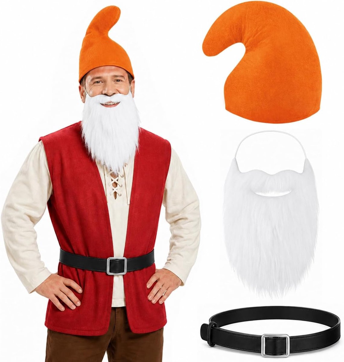 Set van 3, puntige muts, dwergriem en kerstwitbaard