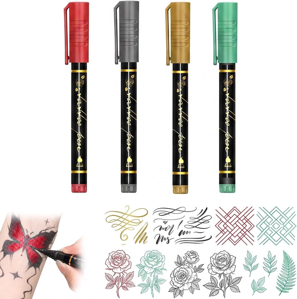 4 tattoo-stiften – wegwerpstiften in goud, rood, groen en zwart, huidvriendelijk, waterdicht, ideaal voor festivals, carnaval, themafeesten en kinderevenementen