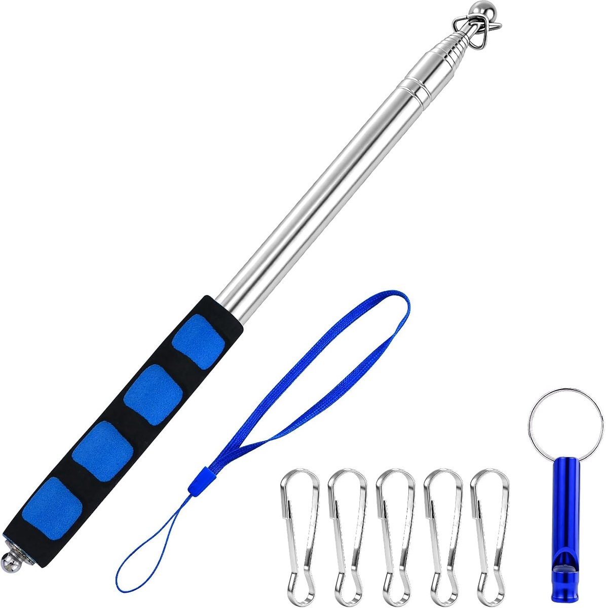 Vlaggenmast 2,0 m van roestvrij staal, inklapbaar, met clip en snavel, antislip handgreep, verstelbare stok, 200 cm, reisgids, camping, evenementen in de open lucht, blauw