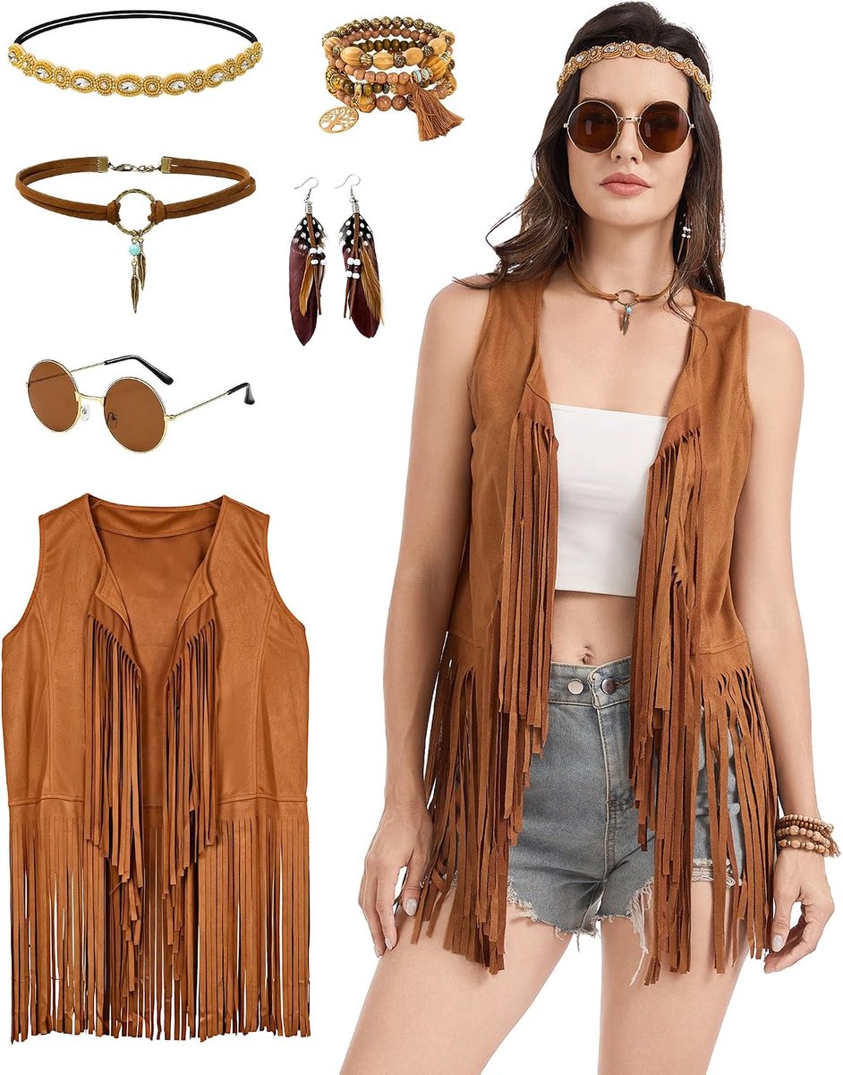 Hippiekostuum voor dames, jaren 70-outfit, hippie-accessoires, 6-delige set, jaren '70 en 80, kleding, accessoires, carnaval