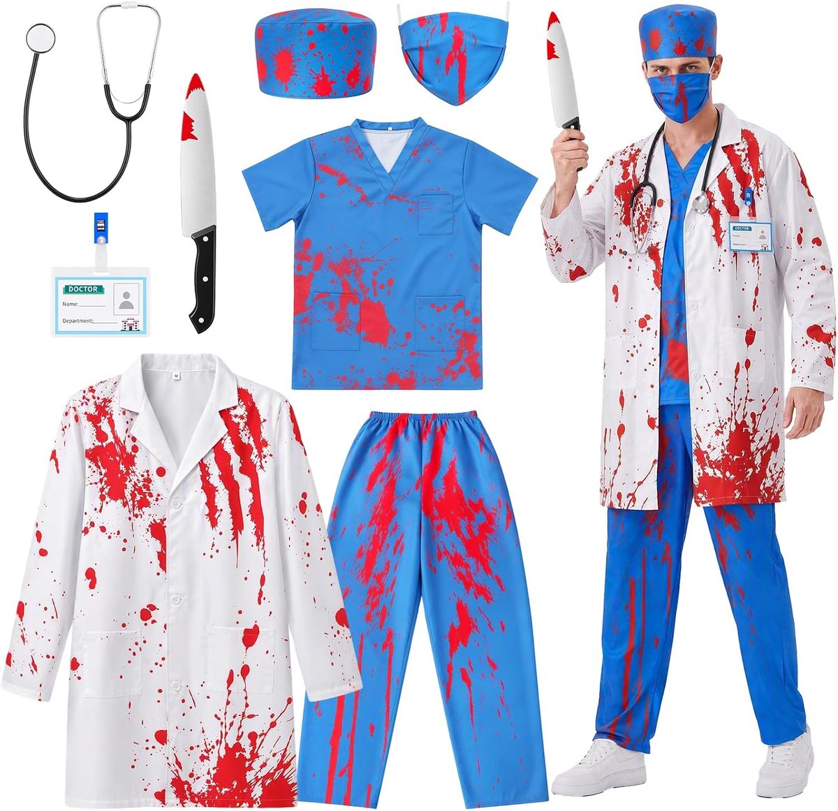 Zombie-dokterskostuum voor heren, horrorkostuum, chirurgieset, Halloween, volwassenen, met overhemd, broek, muts voor heren, set voor carnaval, cosplay