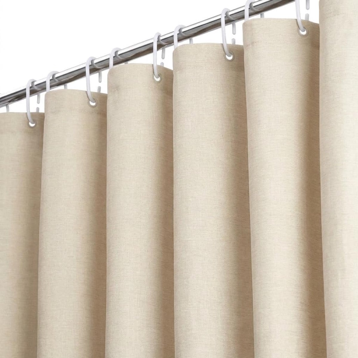Douchegordijn, 150 x 180 cm, badgordijn, textiel, stof, kunstlinnen, waterafstotend, wasbaar, badgordijn met 12 douchegordijnringen, gordijn voor badkuip en douche (beige)