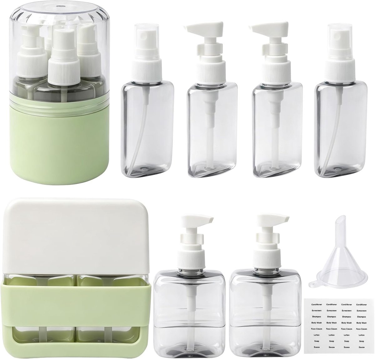 8-in-1 reisflessenset voor vliegtuig en handbagage, groen