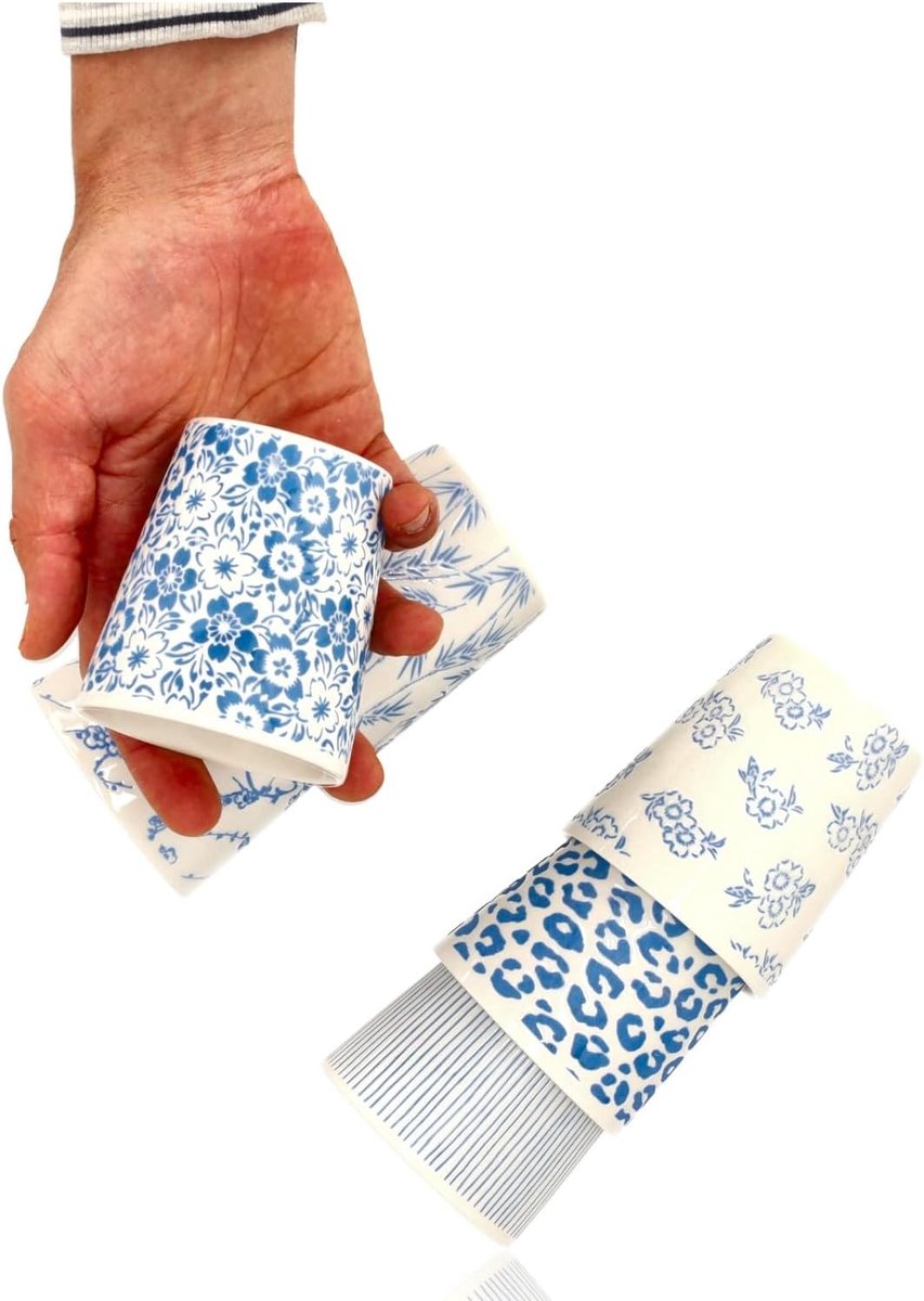 Keramiek Zonder Oor Set van 6 – Keramische Koffiemokken 200 ml – Blauw-Wit Stapelbaar – Koffiekopjes voor Espresso, Lungo, Cappuccino, Koffie en Thee