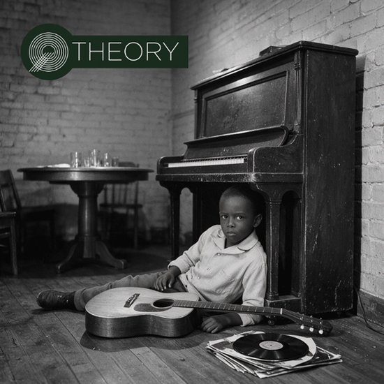Jongetje met gitaar en platen naast een piano. 'THEORY' logo linksboven.