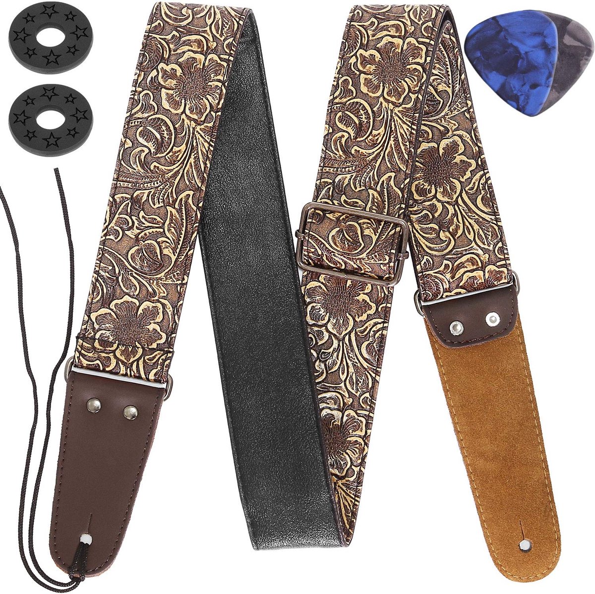 Gitaarband, gestempelde leren gitaarband PU leer Western Vintage 60's Retro, Brons, Adjustable length from 37" to 62" - ShopVlot
